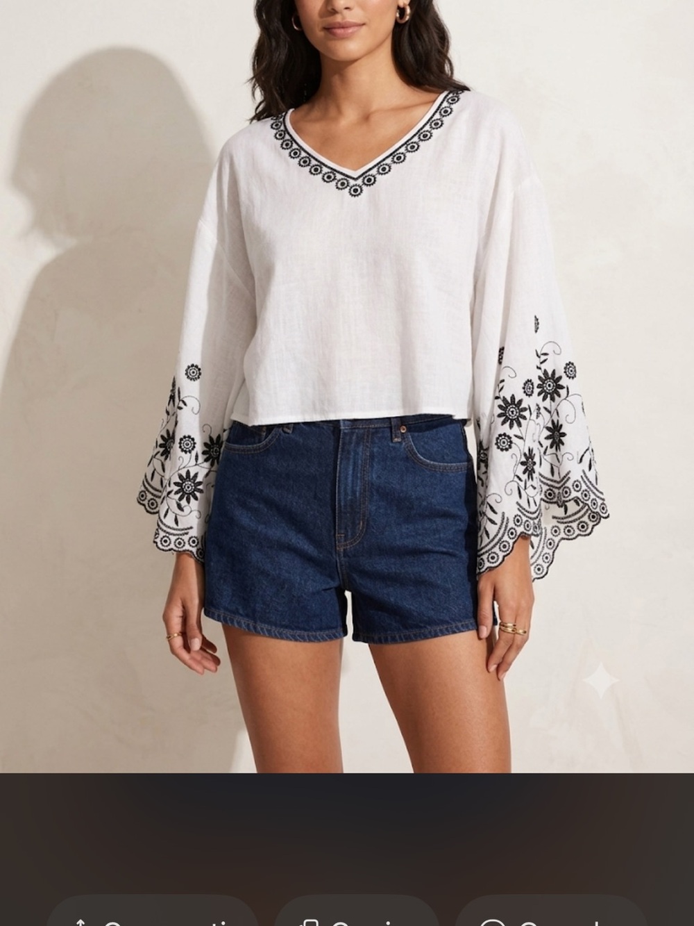 Christina White V-Neck Bell Sleeve Embroidered Top